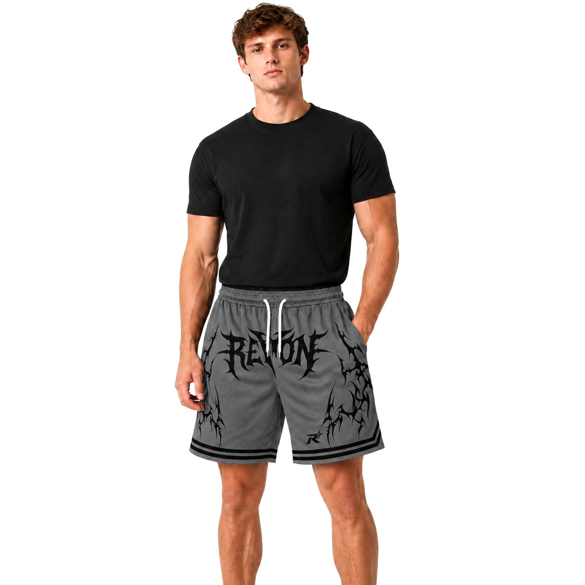 Model wearing the grey Legacy Shorts