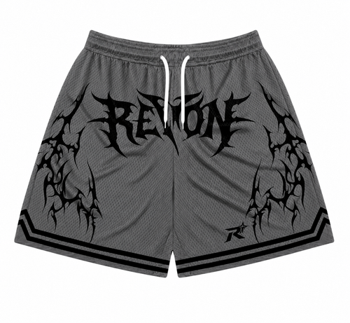 REVON gray mesh gym shorts with streetwear graphic