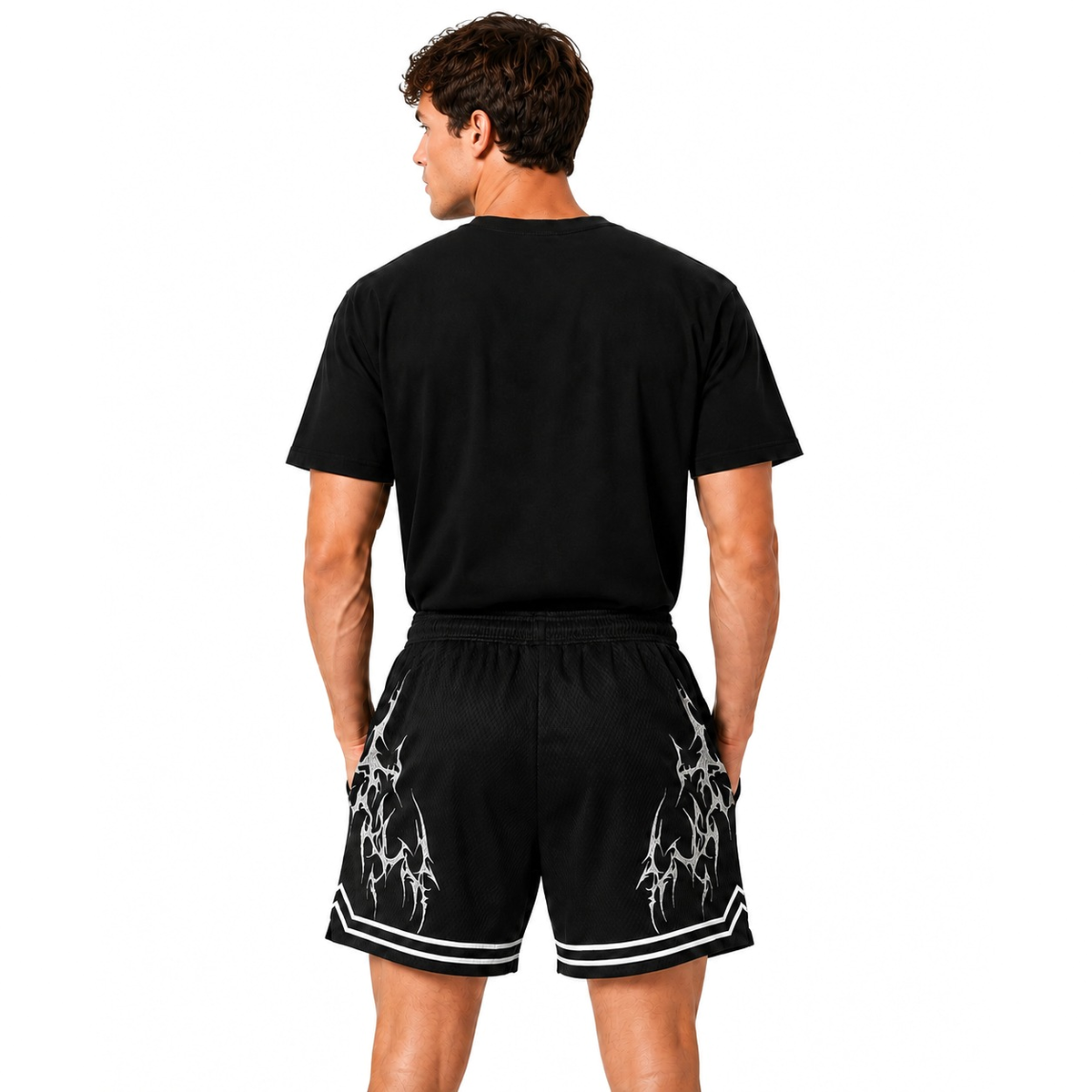 Back of the black Legacy Shorts, tribal print