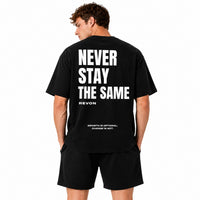 Back of the black Legacy Tee, Never Stay The Same print