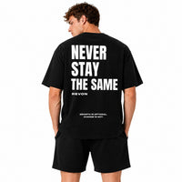 Black tee with black shorts, the Legacy Set from the back