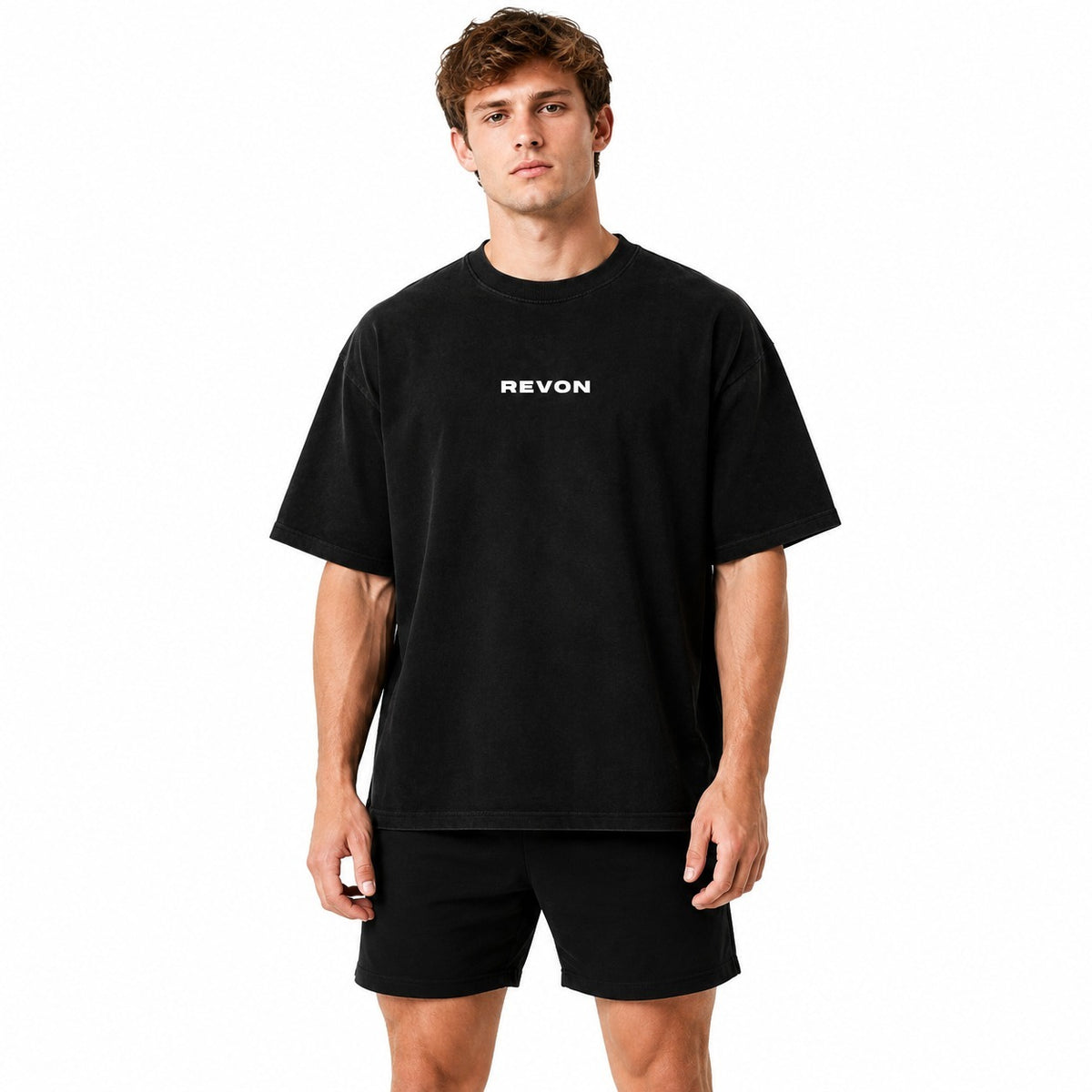 Model wearing the black Legacy Oversized T-shirt, front