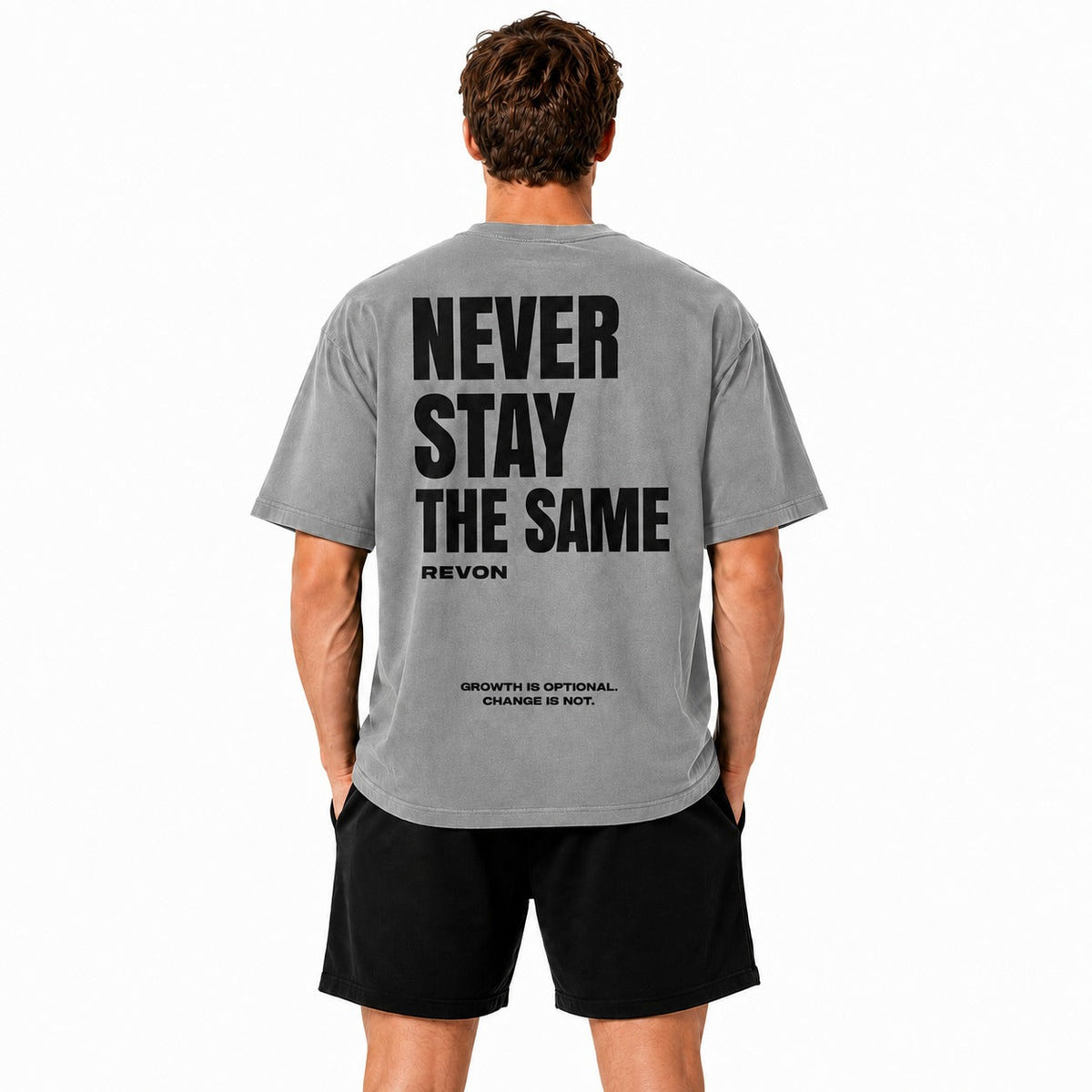 Grey tee with black shorts, the Legacy Set from the back