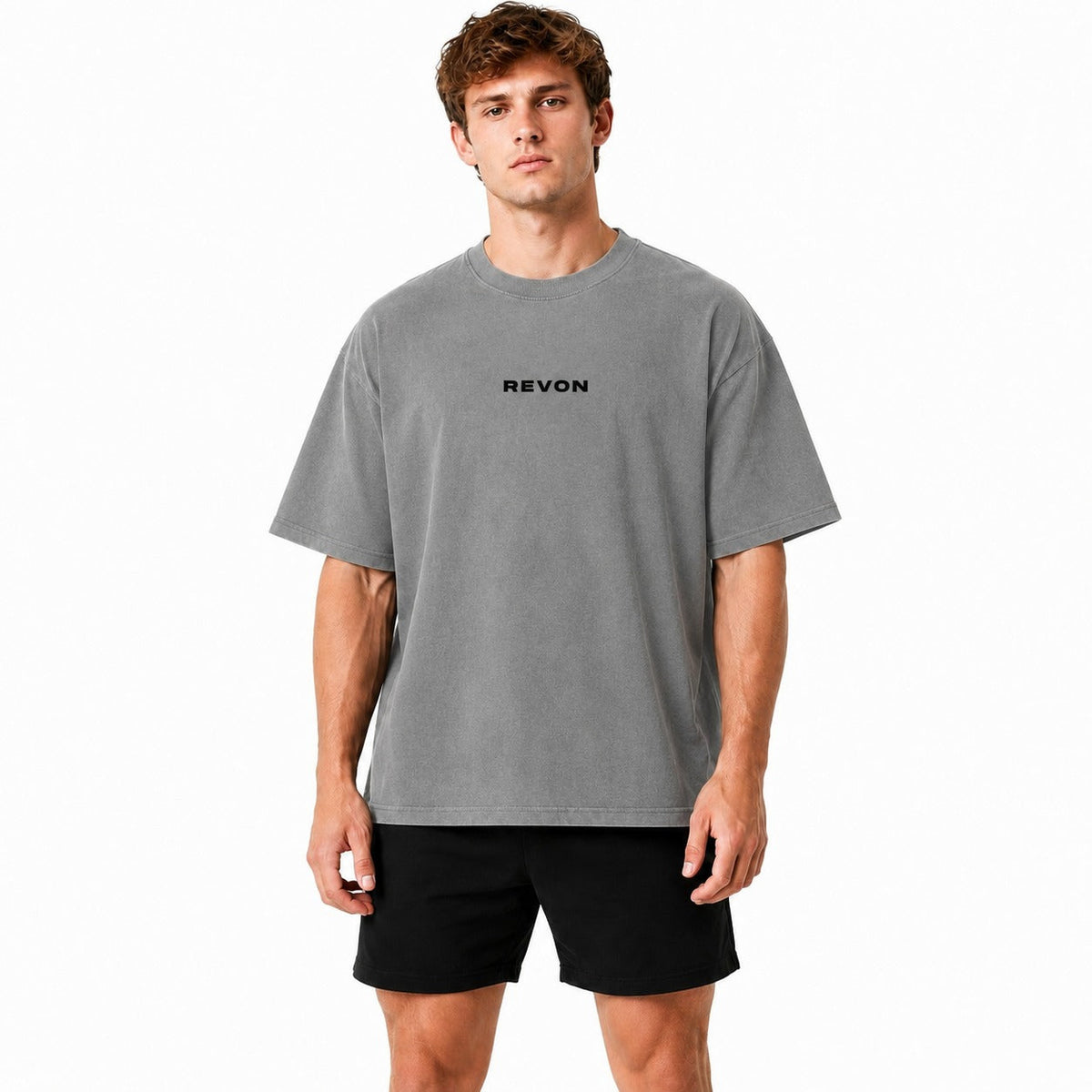 Grey tee with black shorts, the Legacy Set worn front