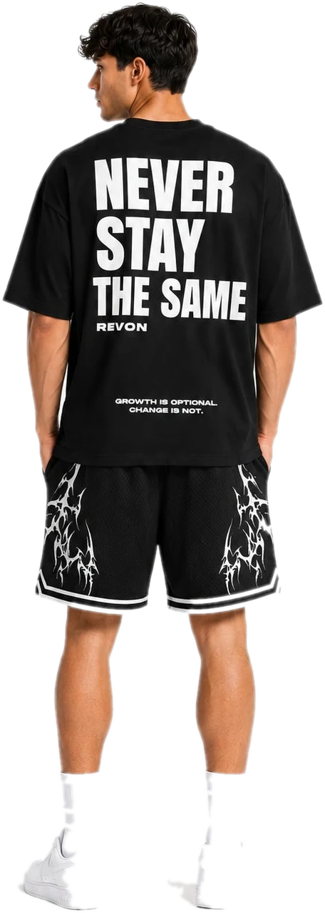 Back of the black Legacy tee showing the Never Stay The Same print
