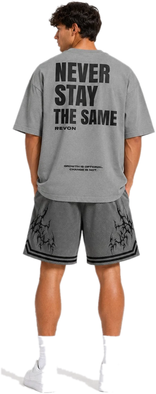 Back of the grey Legacy tee with the grey mesh shorts